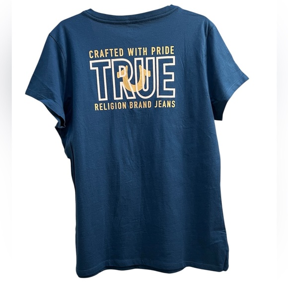 True Religion Blue/Dark Teal V-Neck T-Shirt with Gold Horse Shoe Size XXL - Picture 2 of 7